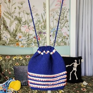 Crochet red white and blue pullstring bag with red beads